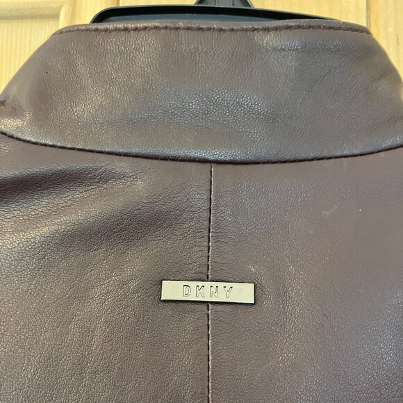 DKNY Womens Ruffle-Front Lambskin Bordeaux Leather Jacket Small Brown FA EXC - Picture 11 of 12